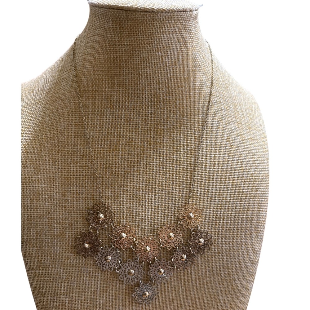 Mixed Metal Filigree Floral Bib Statement Necklace‎ Gold Silver Copper Tone Boho
